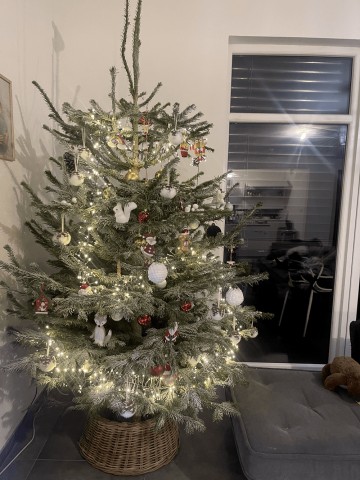 Panier en osier au pied, petits sujets en bois. — Sapin Nordmann naturel